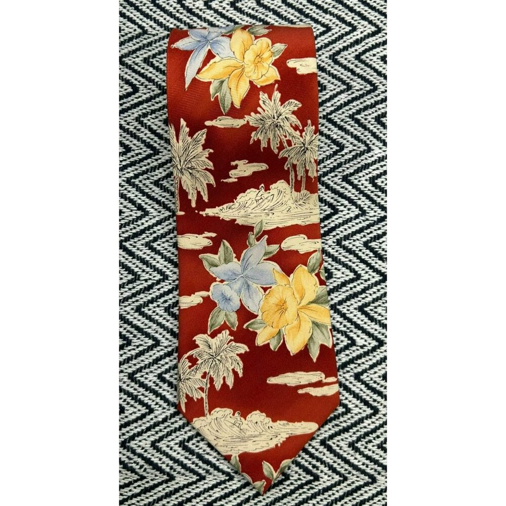 Tommy Bahama Red Silk Floral & Palm Tree Pattern Tie 100% Silk Handmade